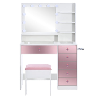 Vanity Desk with Glass Top and 11 Hollywood Bulbs, 3 Color Lighting Modes, Makeup Vanity with Pink Finish Drawers & Shelves, White Vanity Table with Stool for Bedroom