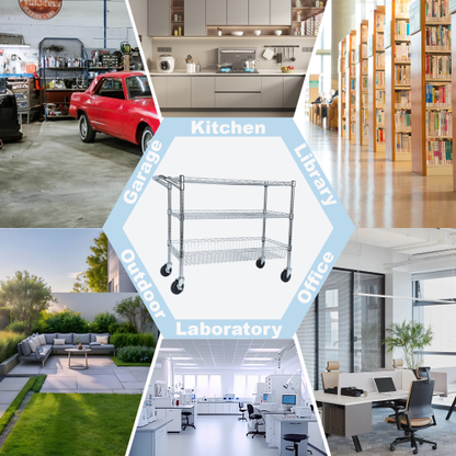 Heavy Duty Rolling Utility Cart,3 Tier Rolling Carts with Wheels,with Handle Bar  Shelf Liners,Storage Cart for Kitchen,Restaurant,Plant Display,Chrome