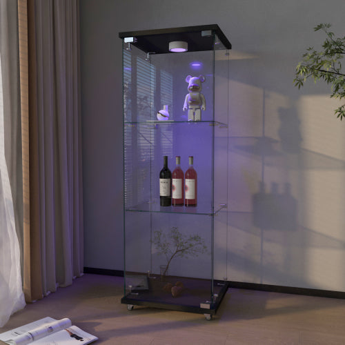 Modern Glass Display Cabinet with LED lights, Quick-assembly Antique Cabinet, Tempered Glass Bookshelf, Suitable for Living Room and Bedrooms, 1-door 3-shelf, Black
