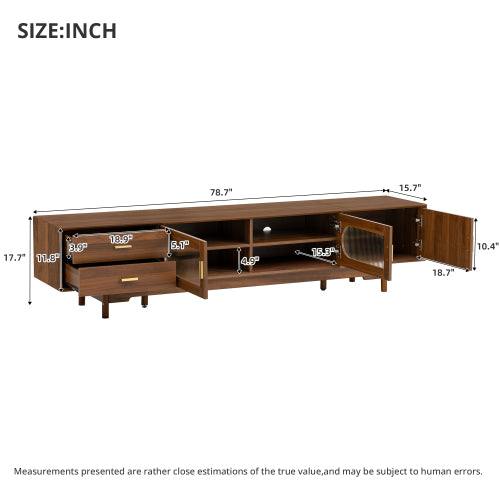 78 inch Modern TV Stand for TVs Up to 85 inch, Fluted Glass Doors Media Console with Drawers