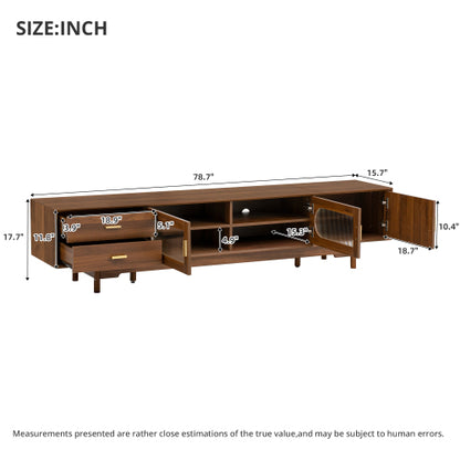 78 inch Modern TV Stand for TVs Up to 85 inch, Fluted Glass Doors Media Console with Drawers
