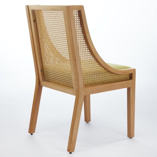 Single Olive Green Rustic Solid Wood Arm Rattan Dining Chair, Natural Finish Linen Upholstered Side Accent Chair