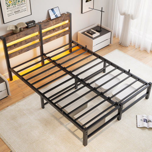 Queen Size  Metal Bed Frame with Wooden Headboard, RGB Lights,Charger, Storage Shelf, Noise-Free, No Box Spring Needed,Rustic Brown