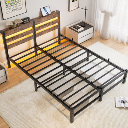 Queen Size  Metal Bed Frame with Wooden Headboard, RGB Lights,Charger, Storage Shelf, Noise-Free, No Box Spring Needed,Rustic Brown