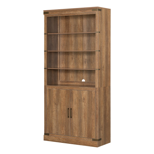 83.4 Inch Tall Walnut Farmhouse Bookshelf with LED Light & Adjustable Shelves Closed Storage Cabinet
