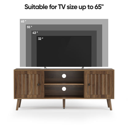 55 Inch Walnut Vertical Fluted Door Mid-Century TV Stand Adjustable Shelf Media Console Cabinet