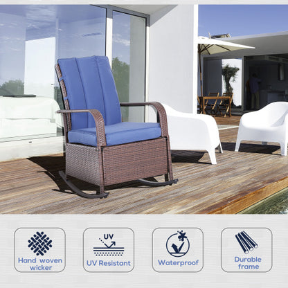Outsunny Wicker Outdoor Rocking Chair, Patio Recliner with Adjustment Backrest, PE Rattan Lounge Chair with Adjustable Footrest and Cushions for Garden, Backyard, Porch, Blue