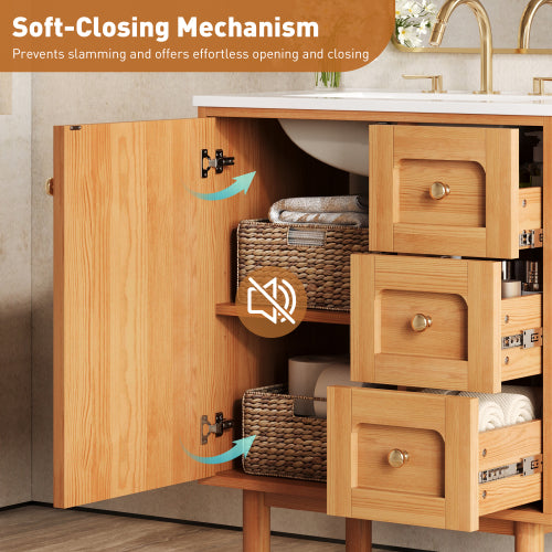 30 Inch Bathroom Vanity with Ceramic Sink, Bathroom Vanity with 3 Drawers, 1 large Soft Closing Door, Farmhouse Bathroom Storage Cabinet , Ideal for Home