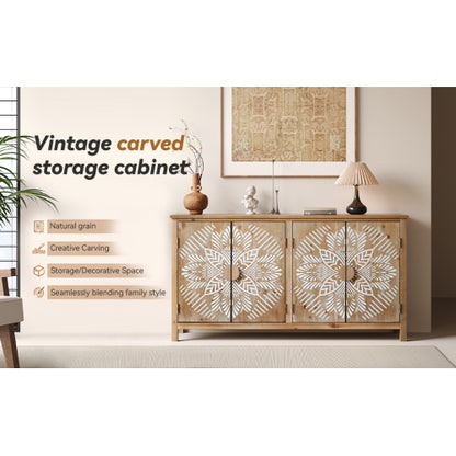 60 Inch Vintage Four-Door Wooden Accent Cabinet Multi-Purpose Buffet Cabinet TV Console For Entryway Living Room
