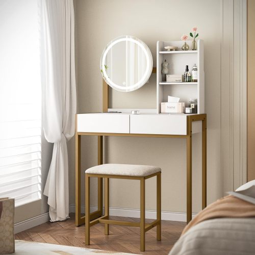 White & Gold Small Vanity Desk with LED Mirror, 3 Lighting Modes, Power Outlet, Drawer, Open Shelves & Cushioned Stool