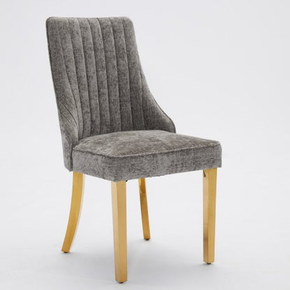 Set of 2 Gray Rayon Flocking Chenille Dining Chairs, High Back, Triple Elastic Cushion, Golden Plated Stainless Steel Legs