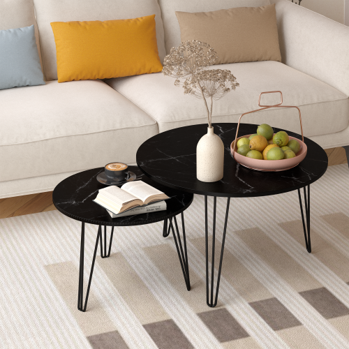 2-Piece Round Nesting Coffee Table, Faux Marble Top & Black Metal Base