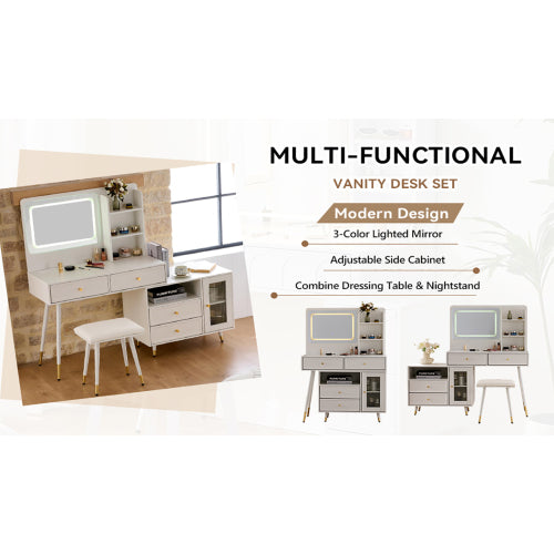 White Expandable Vanity Desk with LED Lighted Mirror, Adjustable Position Side Cabinet, Power Strip & Storage Drawers