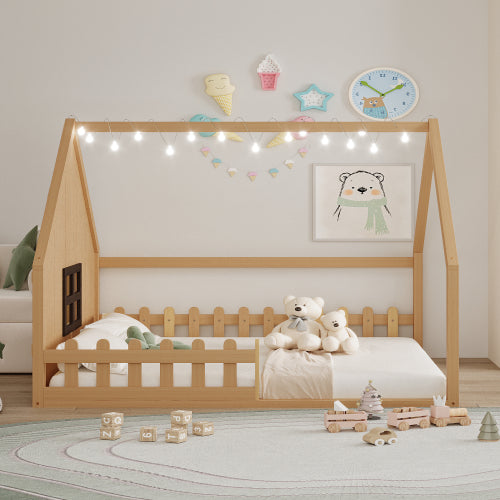 Full Size Wood House Bed with Window and Fence, Natural
