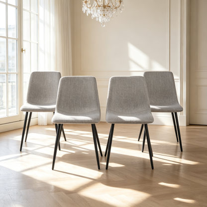 Set of 4 Grey Linen Upholstered Dining Chairs, High Back Side Chairs with Sturdy Black Metal Legs for Dining Room & Kitchen