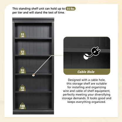 Black 5-Tier Tall Bookshelf With USB LED Light Strip Adjustable Home Display Rack