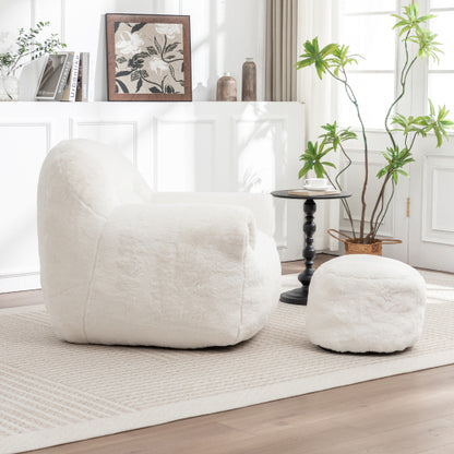 White Faux-Fur Bean Bag Sofa Chair with Back Support & Matching Footstool