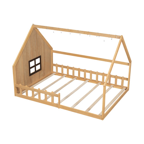 Full Size Wood House Bed with Window and Fence, Natural