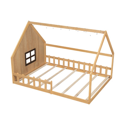 Full Size Wood House Bed with Window and Fence, Natural