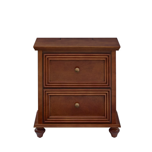 Walnut Mid-Century Nightstand, 2-Drawer Bedside Table with Charging Station & Gourd-Shaped Legs