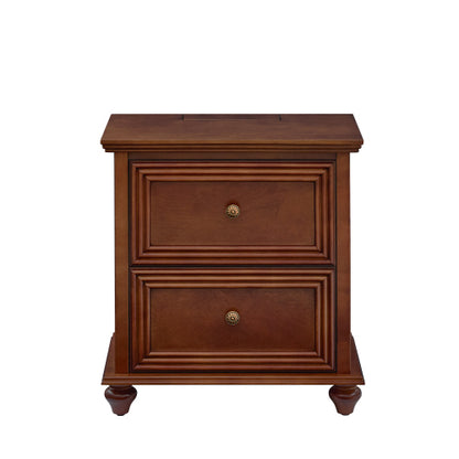 Walnut Mid-Century Nightstand, 2-Drawer Bedside Table with Charging Station & Gourd-Shaped Legs