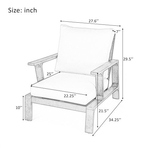 Patio Accent Chair 27.6" Wood Chair Outdoor Lounge Chair for Patios, Gardens, or Balcony, Teak Finish  White Cushion