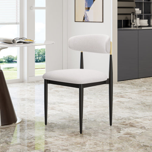 Set of 2 Beige Chenille Armless Dining Chairs, Curved Lumbar Back, Sturdy Black Metal Legs