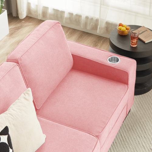 Pink 83.86-Inch Modern Compressed 3-Seater Snow-Fleece Sofa with Dual-Side Cup Holders