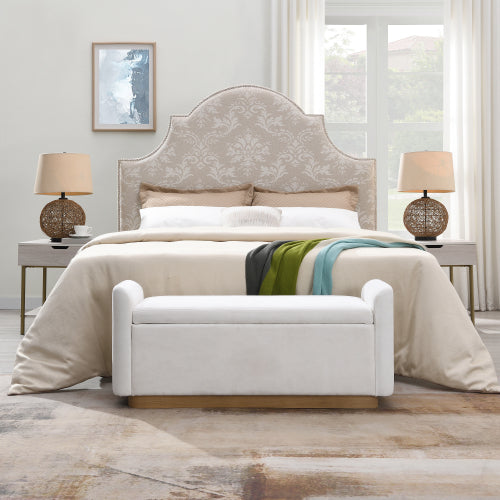 49 Inch Beige Storage Ottoman Bench, Chenille Upholstered Entry Bench with Safety Hinge, 350 LBS Capacity Wood & Gold Metal Frame