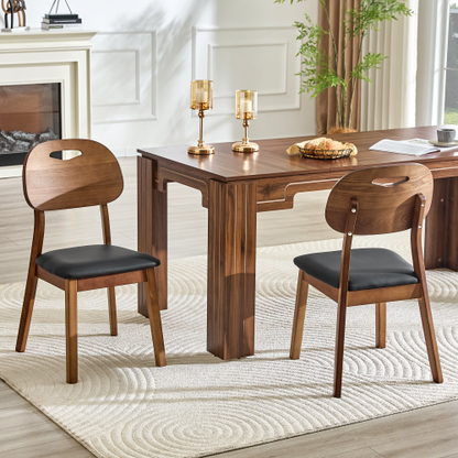 Set of 2 Walnut Solid Wood Dining Chairs, Hollow Back Chairs with Black PU Seat Cushion