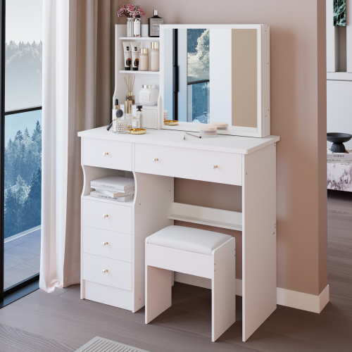 37inch  Middle Size Left Drawer Desktop Vanity Table + Cushioned Stool, Extra Large Right sliding mirror, Multi Layer High Capacity Storage, Practical Fashionable Dresser, Suitable For Large Space
