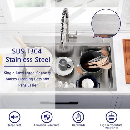 28 x 22 Drop In Stainless Steel Workstation Sink, 28 Inch 18-Gauge Stainless Steel Drop-In Kitchen Sink, Handmade Single Bowl Workstation R10 Rounded Corner kitchen Sink with Accessories