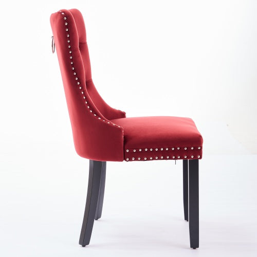 Set of 2 Burgundy Velvet Dining Chairs, Solid Wood Tufted Chairs with Triple Elastic Cushion