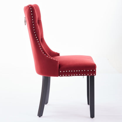 Set of 2 Burgundy Velvet Dining Chairs, Solid Wood Tufted Chairs with Triple Elastic Cushion