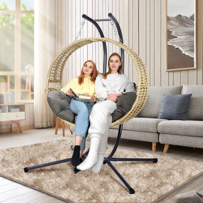 Double Hanging Egg Chair with Stand for Outdoor, Oversized 2 Person Wicker Rattan Swing Chair w/Convertible Armrest for Reclining Seat, All-Weather Cushion and Heavy Duty Frame, 700Lbs Cap. yellow