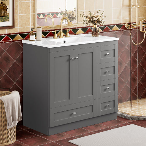 36 inch Shaker Style Free-Standing Bathroom Vanity Cabinet with Ceramic Sink, 4 Soft-close Drawers and 2 Soft-close doors