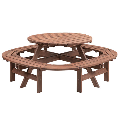 10-12-person Round Outdoor Wooden Picnic Table for Patio, Backyard, Garden, DIY with 1 Built-in Ring Stool, 500-lb Weight Capacity - Walnut Brown