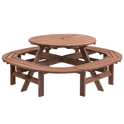 10-12-person Round Outdoor Wooden Picnic Table for Patio, Backyard, Garden, DIY with 1 Built-in Ring Stool, 500-lb Weight Capacity - Walnut Brown