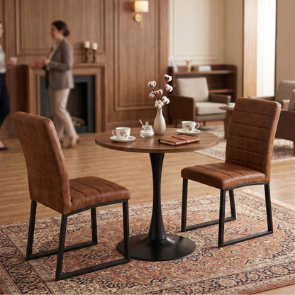 23.6 Inch Walnut Round Dining Table Set with 2 Brown Suede Leather Chairs, Space-Saving 2-Piece Casual Coffee Table Set
