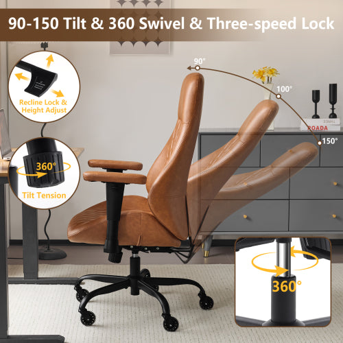 Home Office Desk Chair High Back Office Rubber Casters Ergonomic Computer Chair with Lumbar Support Adjustable Height Rolling Swivel Chair Executive Task Armrests, Brown Leather