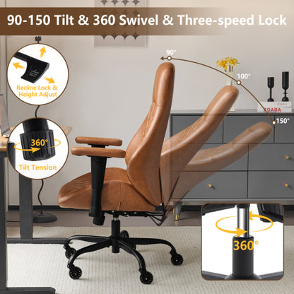 Home Office Desk Chair High Back Office Rubber Casters Ergonomic Computer Chair with Lumbar Support Adjustable Height Rolling Swivel Chair Executive Task Armrests, Brown Leather