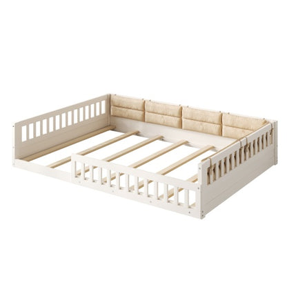 Wood Full Size Upholstered Platform Bed with Guardrail and Pillow, Beige