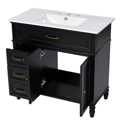 36" Bathroom Vanity with Sink, Black Bathroom Cabinet with Drawers, Solid Frame and MDF Board, One Package
