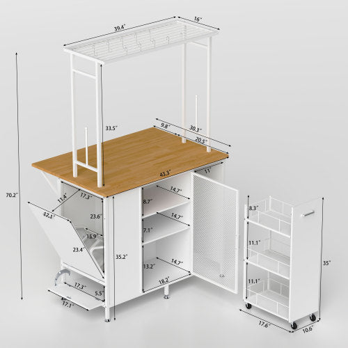 Kitchen Island with Storage Space Breakfast Bar with Folding Flip Up Panel Large Cabinet Shelves White