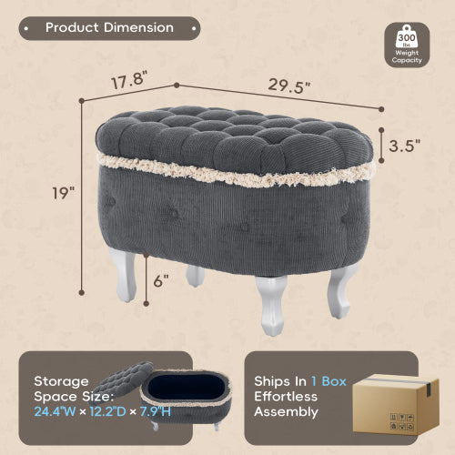 Grey Fringed Button Tufted Storage Ottoman Bench, 29.5 Inch End of Bed Shoe Stool for Bedroom Entryway