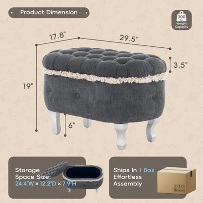 Grey Fringed Button Tufted Storage Ottoman Bench, 29.5 Inch End of Bed Shoe Stool for Bedroom Entryway
