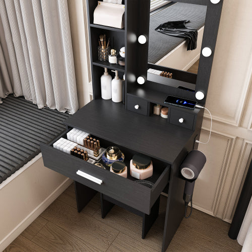 Black Compact LED Vanity Table Set, Power Outlet, Hairdryer Holder & Upholstered Stool
