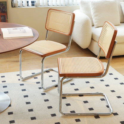 Woven Rattan Cantilever Dining Chairs with Chrome Frames, Set of 2, Teak