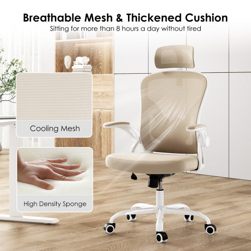 Ergonomic Office Chair, Home Office Desk Chair with Headrest, High Back Computer Chair with Armrests and Adjustable Lumbar Support for Home Office Study Room,White & Khaki