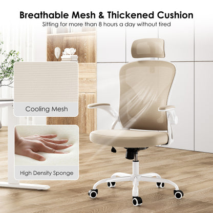 Ergonomic Office Chair, Home Office Desk Chair with Headrest, High Back Computer Chair with Armrests and Adjustable Lumbar Support for Home Office Study Room,White & Khaki